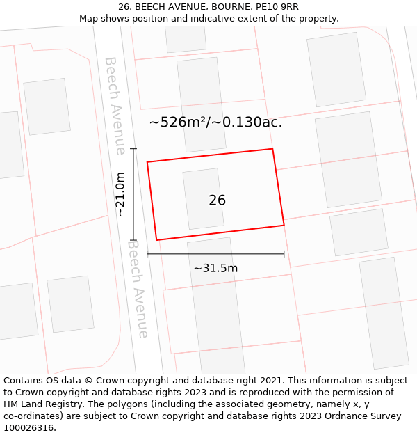 26, BEECH AVENUE, BOURNE, PE10 9RR: Plot and title map