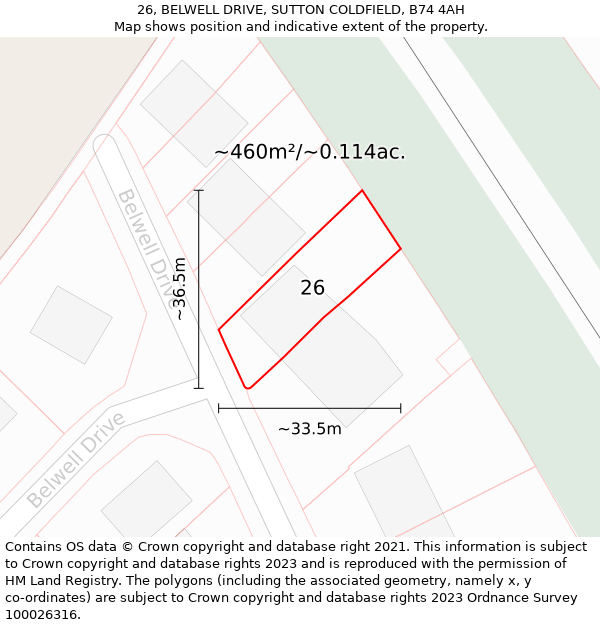 26, BELWELL DRIVE, SUTTON COLDFIELD, B74 4AH: Plot and title map