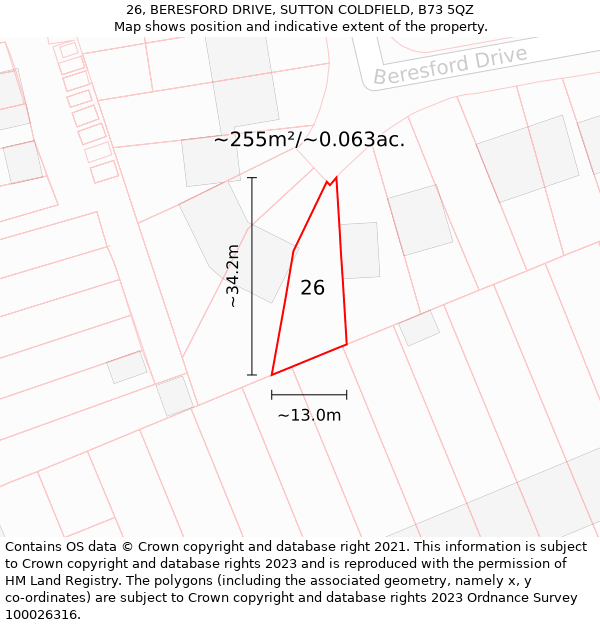 26, BERESFORD DRIVE, SUTTON COLDFIELD, B73 5QZ: Plot and title map