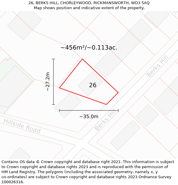 26, BERKS HILL, CHORLEYWOOD, RICKMANSWORTH, WD3 5AQ: Plot and title map