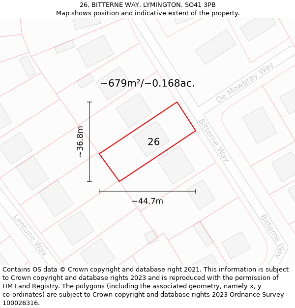 26, BITTERNE WAY, LYMINGTON, SO41 3PB: Plot and title map