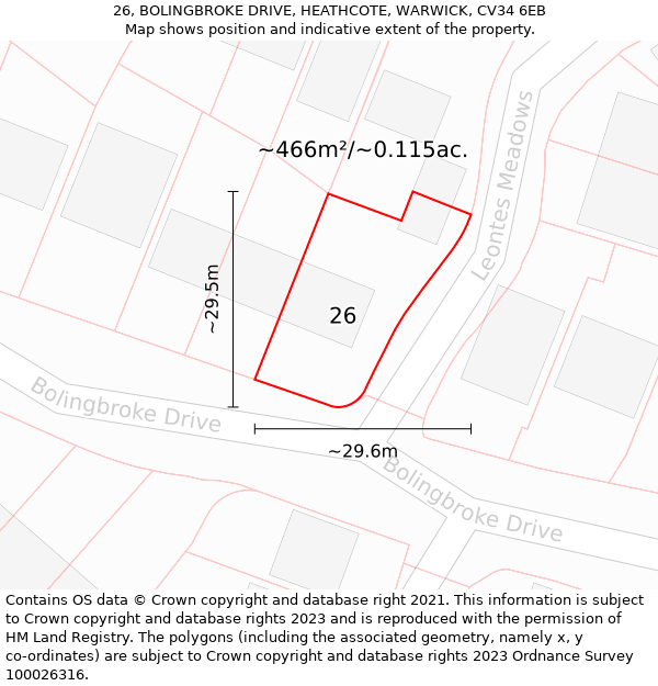 26, BOLINGBROKE DRIVE, HEATHCOTE, WARWICK, CV34 6EB: Plot and title map