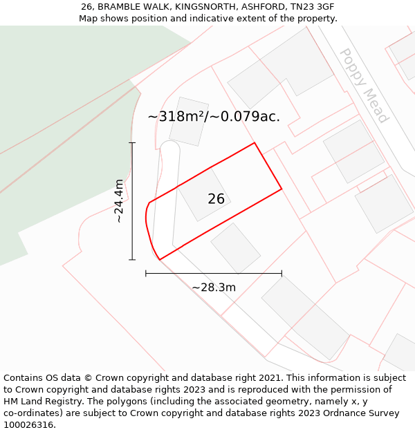 26, BRAMBLE WALK, KINGSNORTH, ASHFORD, TN23 3GF: Plot and title map