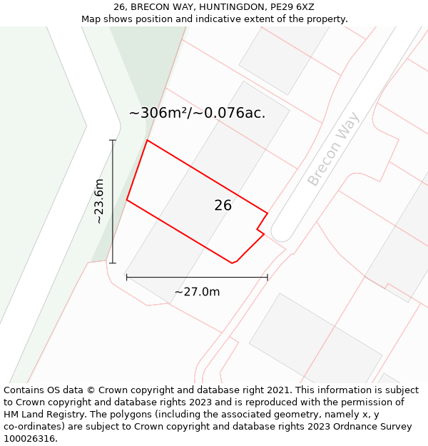 26, BRECON WAY, HUNTINGDON, PE29 6XZ: Plot and title map