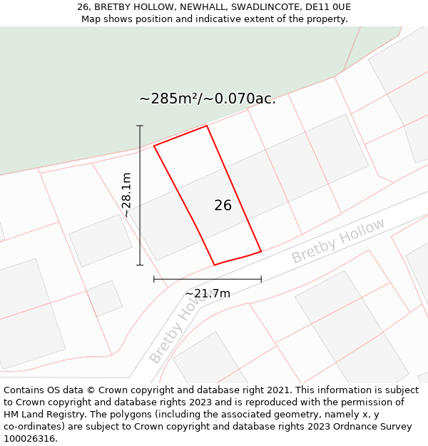 26, BRETBY HOLLOW, NEWHALL, SWADLINCOTE, DE11 0UE: Plot and title map