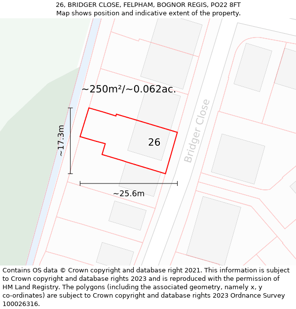 26, BRIDGER CLOSE, FELPHAM, BOGNOR REGIS, PO22 8FT: Plot and title map