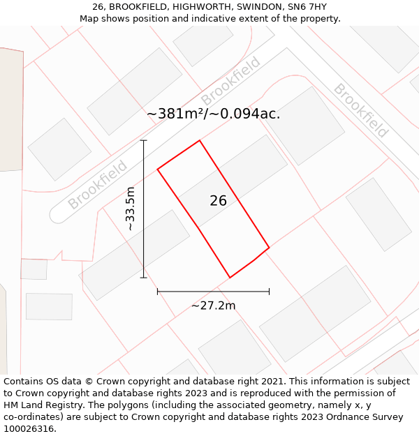 26, BROOKFIELD, HIGHWORTH, SWINDON, SN6 7HY: Plot and title map