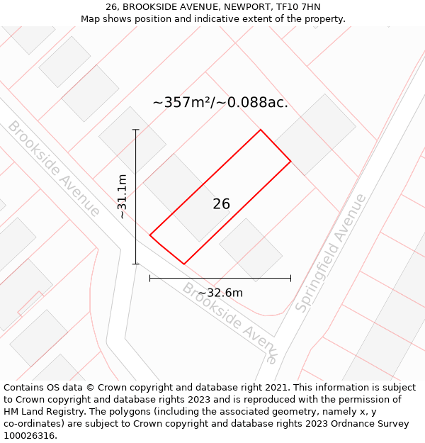 26, BROOKSIDE AVENUE, NEWPORT, TF10 7HN: Plot and title map