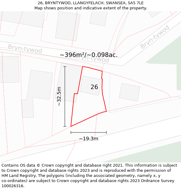 26, BRYNTYWOD, LLANGYFELACH, SWANSEA, SA5 7LE: Plot and title map