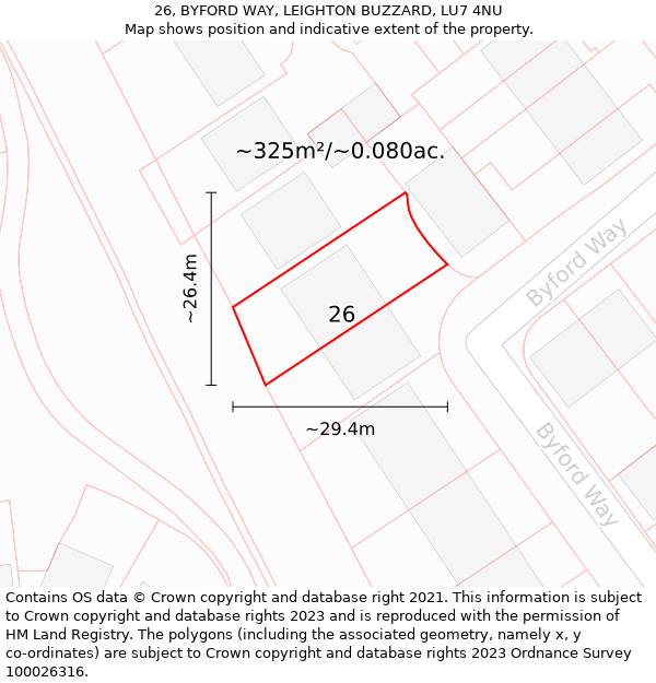 26, BYFORD WAY, LEIGHTON BUZZARD, LU7 4NU: Plot and title map