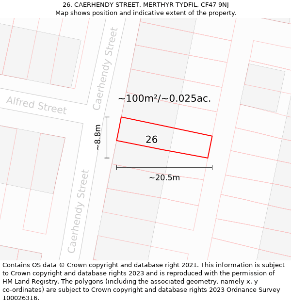 26, CAERHENDY STREET, MERTHYR TYDFIL, CF47 9NJ: Plot and title map
