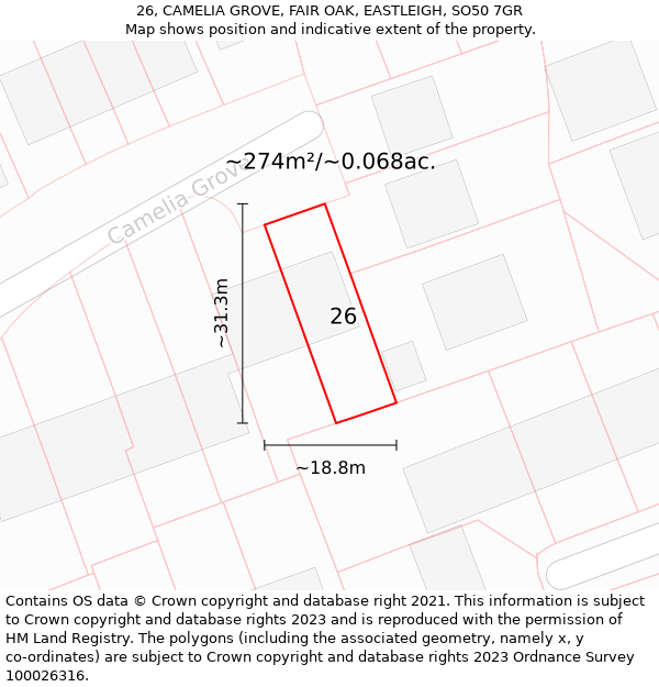 26, CAMELIA GROVE, FAIR OAK, EASTLEIGH, SO50 7GR: Plot and title map