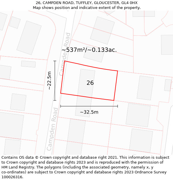 26, CAMPDEN ROAD, TUFFLEY, GLOUCESTER, GL4 0HX: Plot and title map