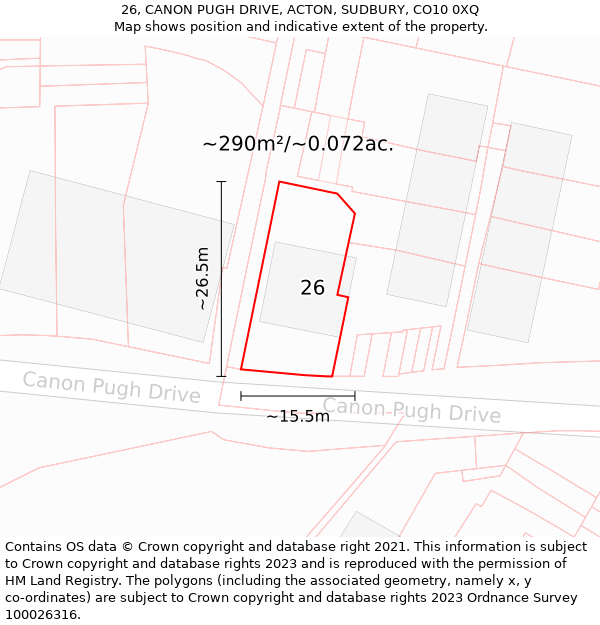 26, CANON PUGH DRIVE, ACTON, SUDBURY, CO10 0XQ: Plot and title map