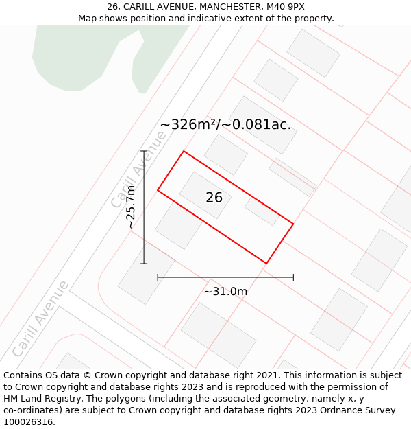 26, CARILL AVENUE, MANCHESTER, M40 9PX: Plot and title map