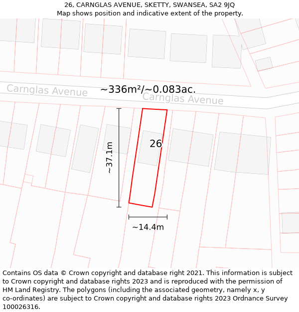 26, CARNGLAS AVENUE, SKETTY, SWANSEA, SA2 9JQ: Plot and title map