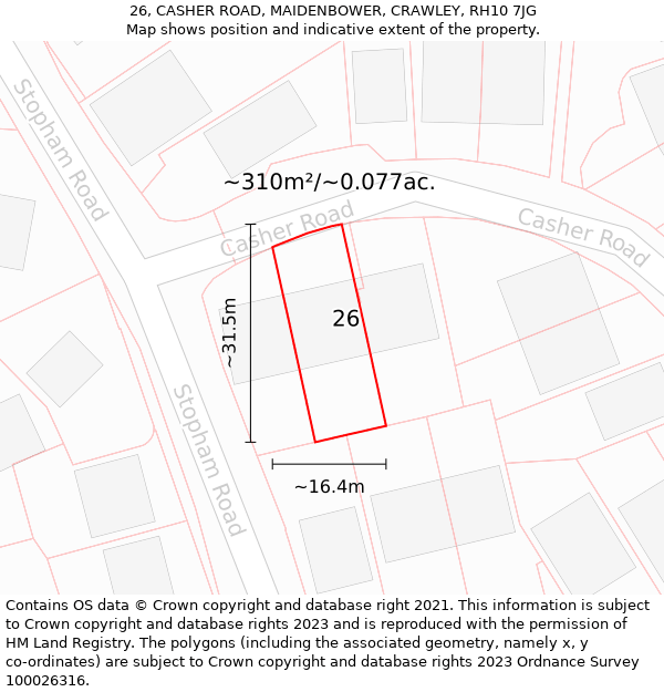 26, CASHER ROAD, MAIDENBOWER, CRAWLEY, RH10 7JG: Plot and title map