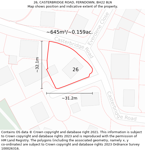 26, CASTERBRIDGE ROAD, FERNDOWN, BH22 8LN: Plot and title map