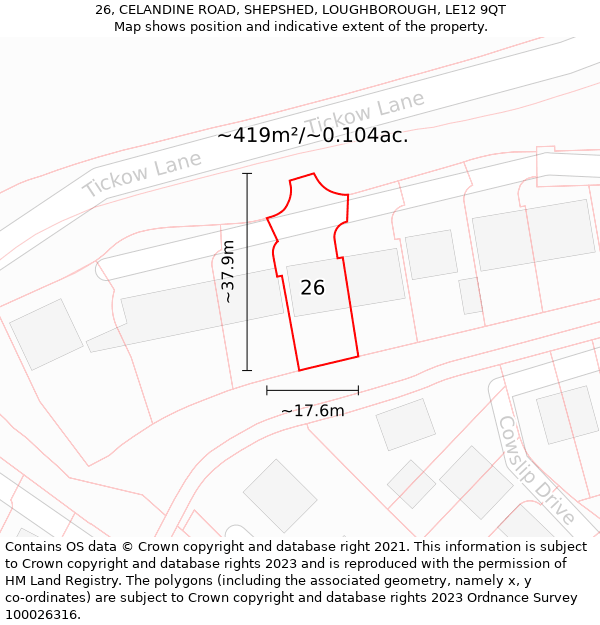 26, CELANDINE ROAD, SHEPSHED, LOUGHBOROUGH, LE12 9QT: Plot and title map