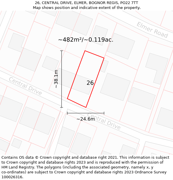 26, CENTRAL DRIVE, ELMER, BOGNOR REGIS, PO22 7TT: Plot and title map