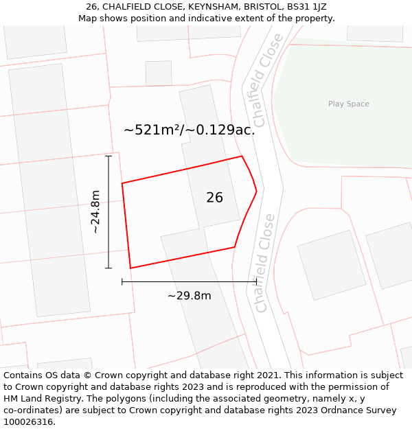 26, CHALFIELD CLOSE, KEYNSHAM, BRISTOL, BS31 1JZ: Plot and title map