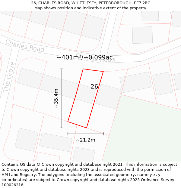 26, CHARLES ROAD, WHITTLESEY, PETERBOROUGH, PE7 2RG: Plot and title map