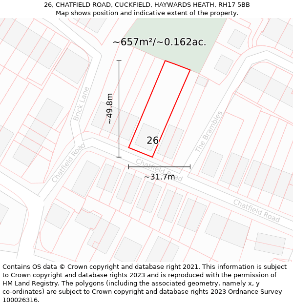 26, CHATFIELD ROAD, CUCKFIELD, HAYWARDS HEATH, RH17 5BB: Plot and title map