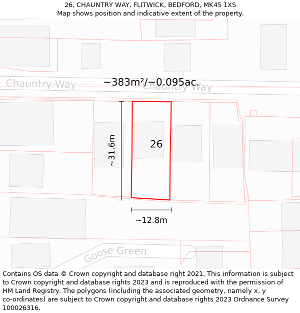 26, CHAUNTRY WAY, FLITWICK, BEDFORD, MK45 1XS: Plot and title map