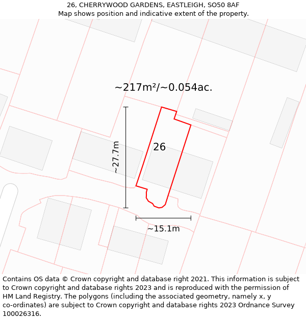 26, CHERRYWOOD GARDENS, EASTLEIGH, SO50 8AF: Plot and title map