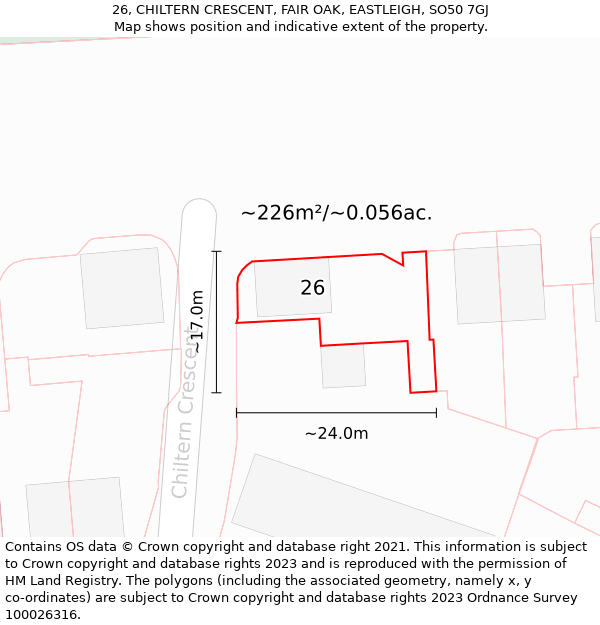 26, CHILTERN CRESCENT, FAIR OAK, EASTLEIGH, SO50 7GJ: Plot and title map