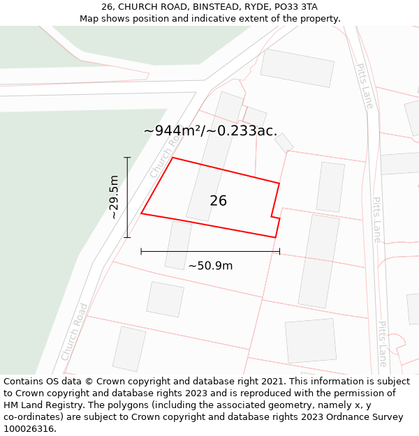 26, CHURCH ROAD, BINSTEAD, RYDE, PO33 3TA: Plot and title map