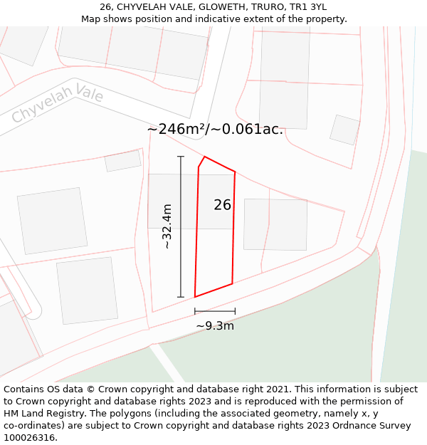 26, CHYVELAH VALE, GLOWETH, TRURO, TR1 3YL: Plot and title map