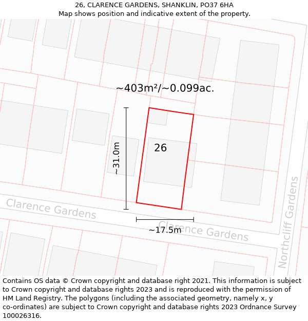 26, CLARENCE GARDENS, SHANKLIN, PO37 6HA: Plot and title map