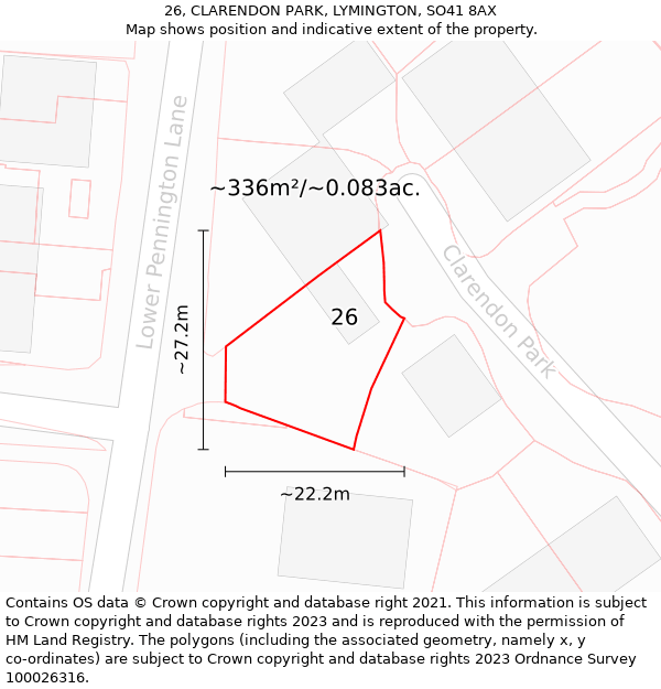 26, CLARENDON PARK, LYMINGTON, SO41 8AX: Plot and title map