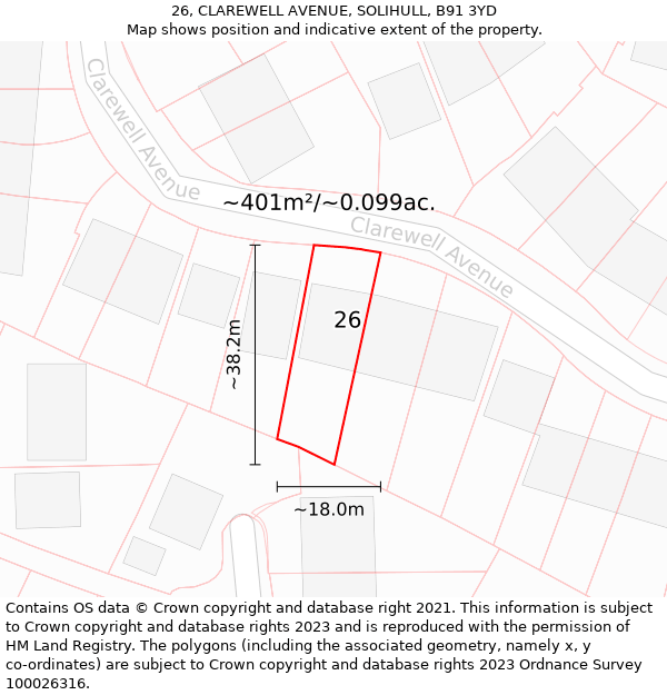 26, CLAREWELL AVENUE, SOLIHULL, B91 3YD: Plot and title map