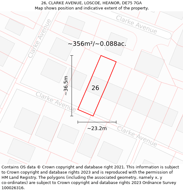 26, CLARKE AVENUE, LOSCOE, HEANOR, DE75 7GA: Plot and title map