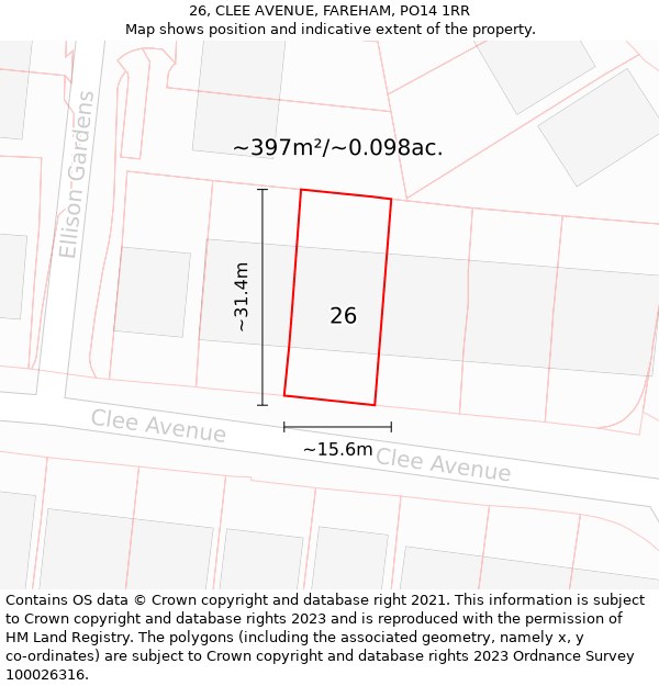 26, CLEE AVENUE, FAREHAM, PO14 1RR: Plot and title map