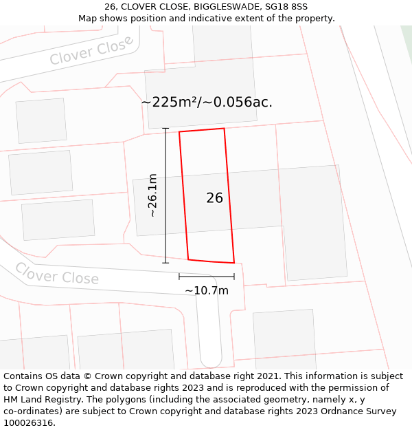 26, CLOVER CLOSE, BIGGLESWADE, SG18 8SS: Plot and title map