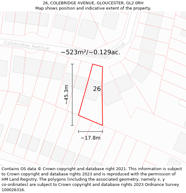 26, COLEBRIDGE AVENUE, GLOUCESTER, GL2 0RH: Plot and title map