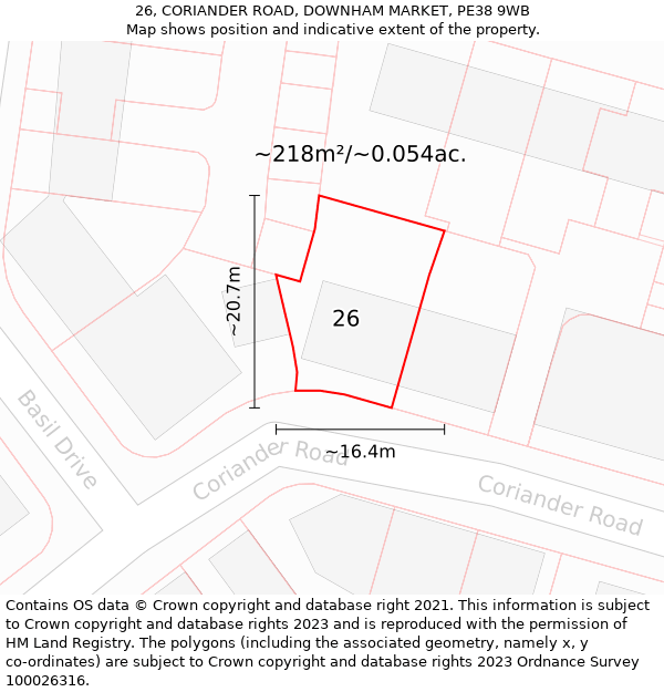 26, CORIANDER ROAD, DOWNHAM MARKET, PE38 9WB: Plot and title map