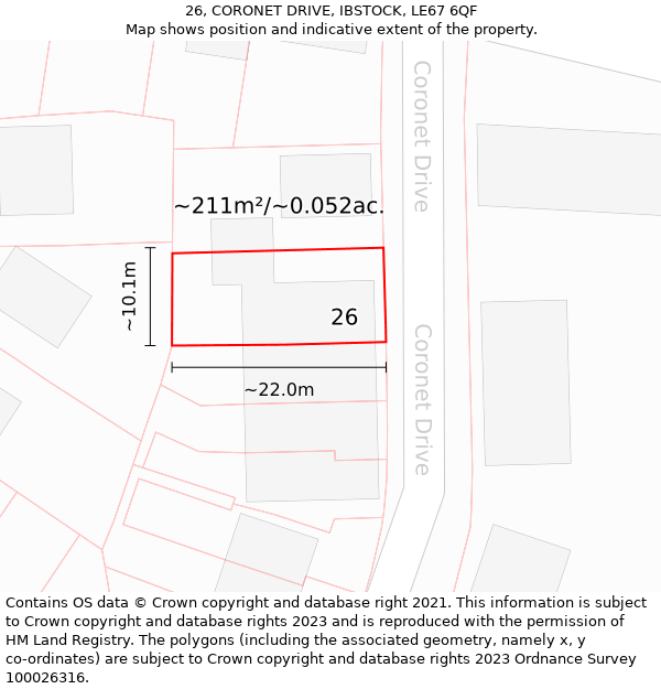 26, CORONET DRIVE, IBSTOCK, LE67 6QF: Plot and title map