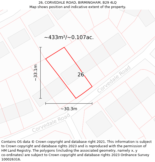 26, CORVEDALE ROAD, BIRMINGHAM, B29 4LQ: Plot and title map