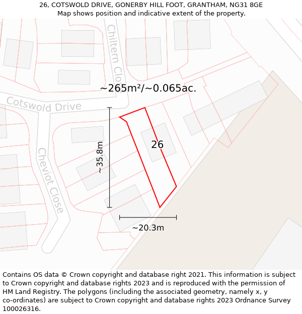 26, COTSWOLD DRIVE, GONERBY HILL FOOT, GRANTHAM, NG31 8GE: Plot and title map