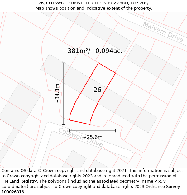 26, COTSWOLD DRIVE, LEIGHTON BUZZARD, LU7 2UQ: Plot and title map