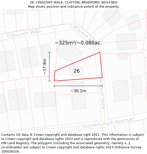 26, CRESCENT WALK, CLAYTON, BRADFORD, BD14 6EH: Plot and title map