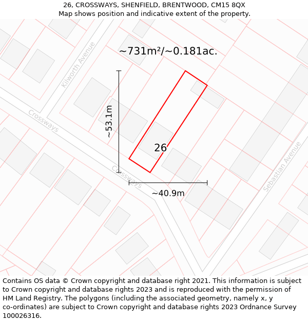 26, CROSSWAYS, SHENFIELD, BRENTWOOD, CM15 8QX: Plot and title map