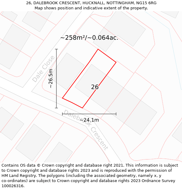 26, DALEBROOK CRESCENT, HUCKNALL, NOTTINGHAM, NG15 6RG: Plot and title map