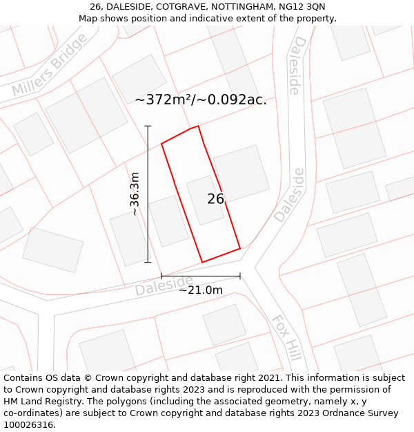 26, DALESIDE, COTGRAVE, NOTTINGHAM, NG12 3QN: Plot and title map