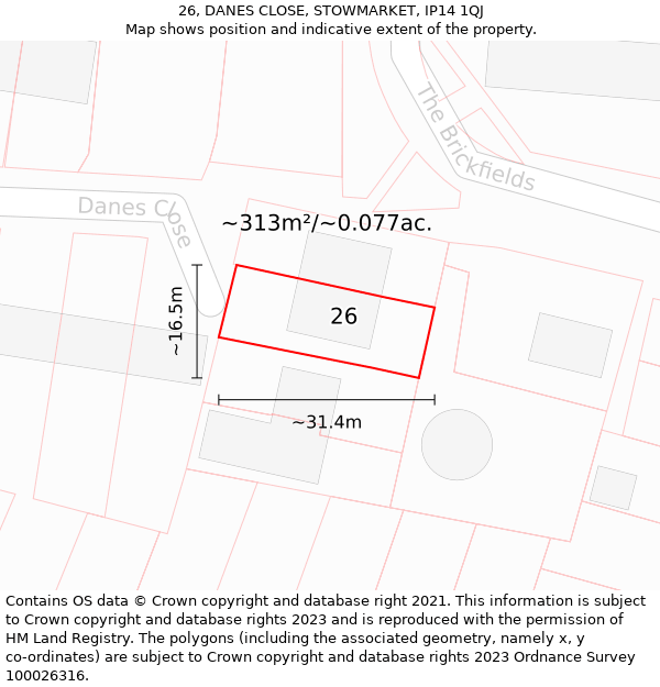 26, DANES CLOSE, STOWMARKET, IP14 1QJ: Plot and title map