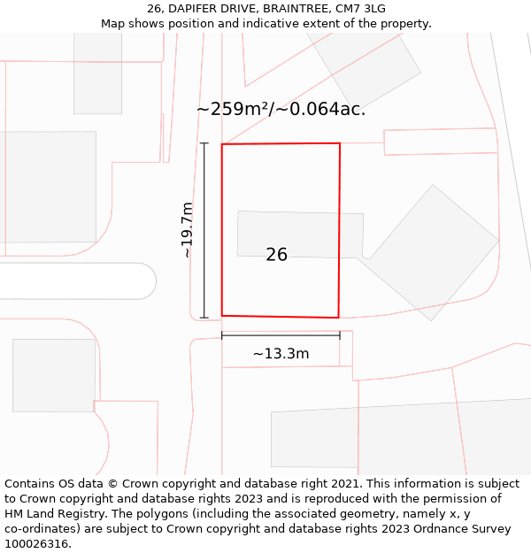 26, DAPIFER DRIVE, BRAINTREE, CM7 3LG: Plot and title map